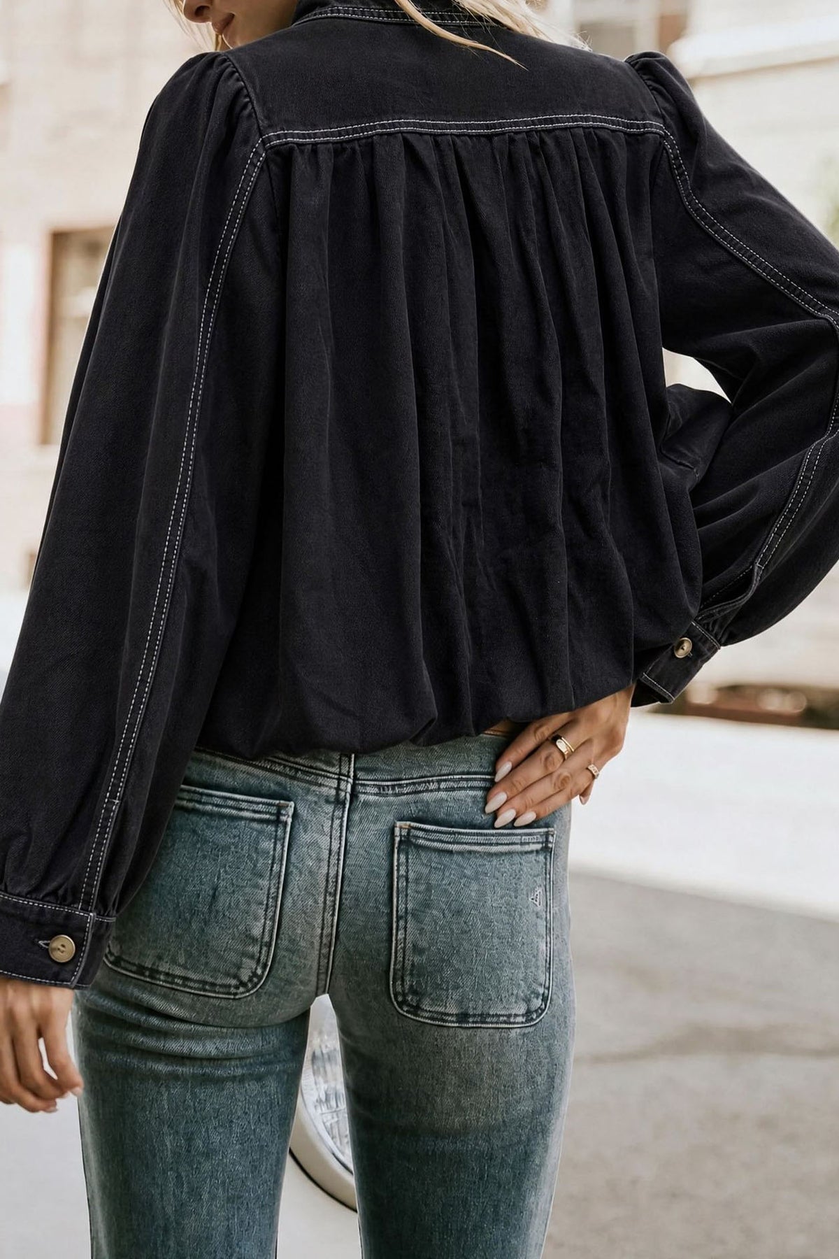 Puff-Sleeve Stand-Collar Denim Jacket
