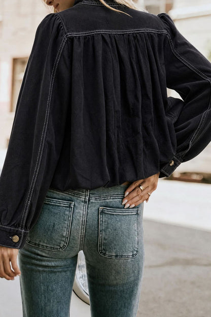Puff-Sleeve Stand-Collar Denim Jacket