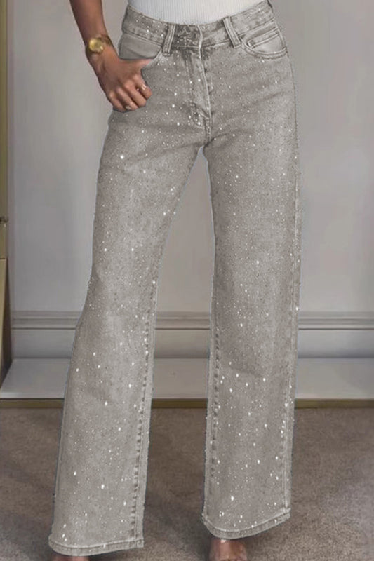 Wide-Leg High-Waist Rhinestone Jeans