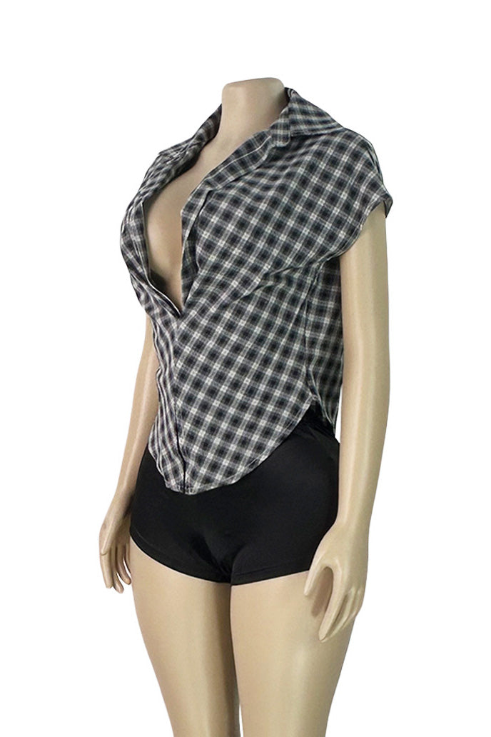 Plunge V-Neck Plaid Pointed Hem Top