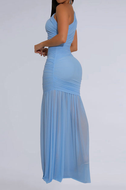 One-Shoulder Ruched Mesh Maxi Dress