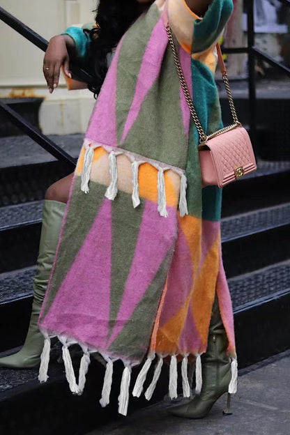 Tassel Color Block Open Front Cardigan