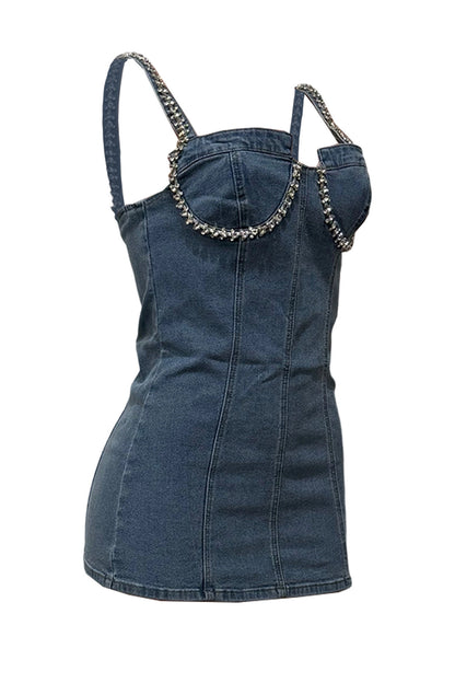 Rhinestone Trim Denim Bustier Mini Dress