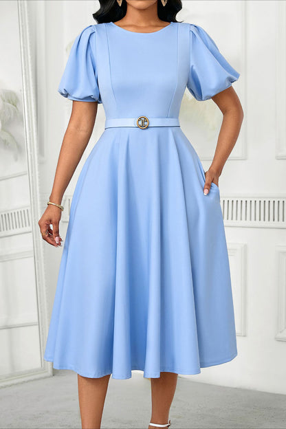 Puff Sleeve High Waist Solid Round Neck Dress