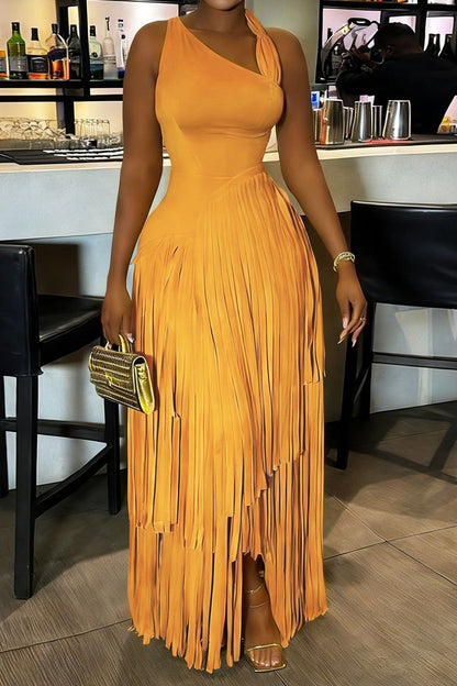 Asymmetrical Fringe Party Maxi Dress