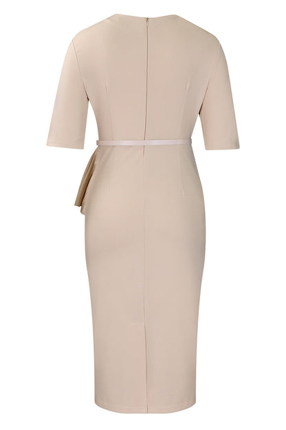 Solid Short Sleeves Knee Length Peplum Dress