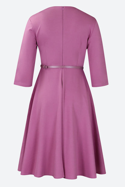 Three-Quarter Sleeve Ruched Waist Dress