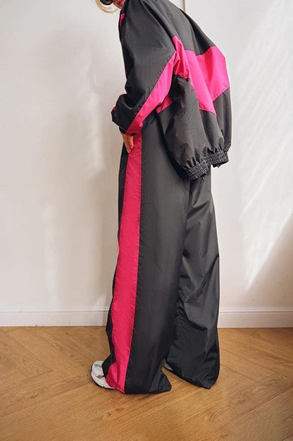 Contrast-Panel Zip Jacket & Wide-Leg Pants Set