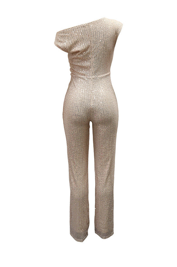 Sequin One-Shoulder Wide Leg Jumpsuit