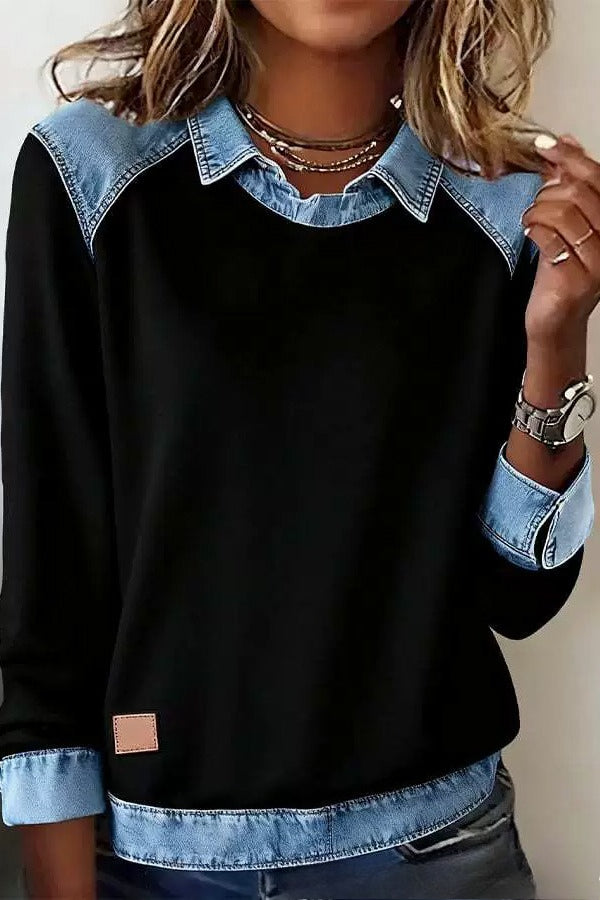 Denim Collar Long Sleeve Knit Pullover Top
