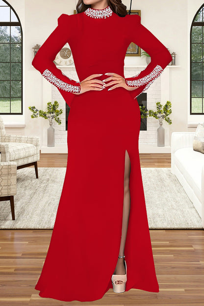 Long Sleeve Rhinestone Turtleneck Maxi Dress