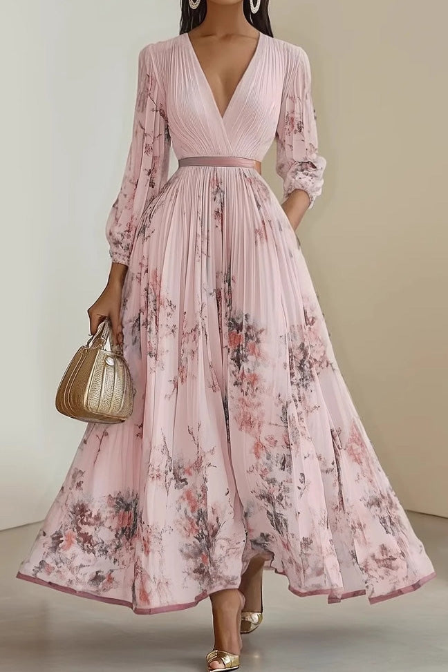 V Neck Floral Long Sleeve A Line Maxi Dress