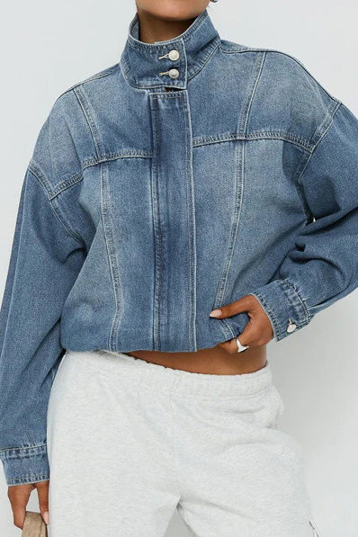 Vintage Washed Denim Stand Collar Jacket