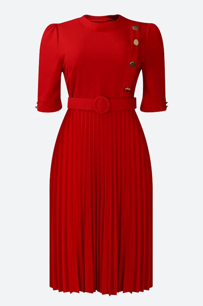 Elegant Half Sleeve O-Neck Solid Midi Dress