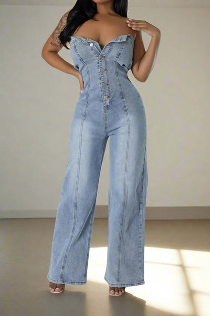 Denim Button Strapless Jumpsuit