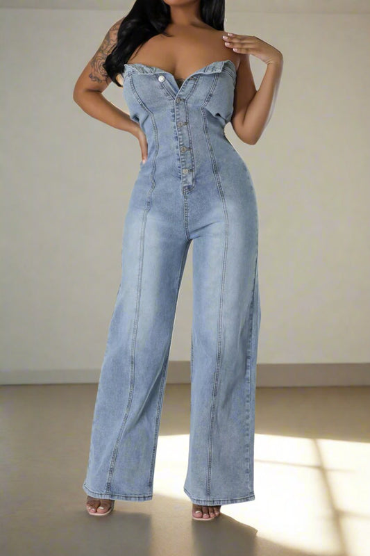 Denim Button Strapless Jumpsuit