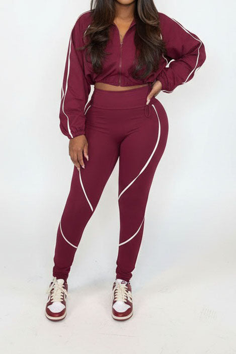 Contrast Piping Zip-Up Track Jacket & Legging Set