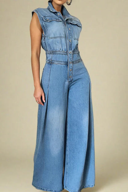 Wide Leg Denim Jumpsuits