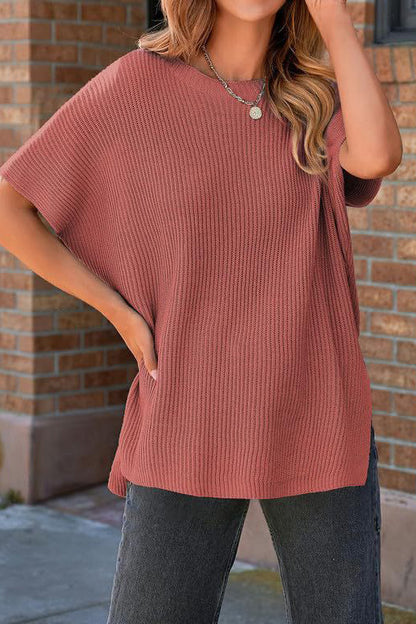 Short Sleeve Side Slit Oversized Sweater