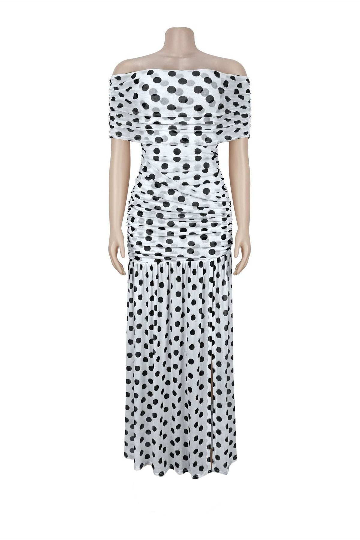 Off-Shoulder Polka Dot Ruched Maxi Dress