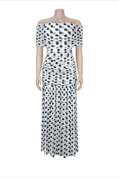 Off-Shoulder Polka Dot Ruched Maxi Dress