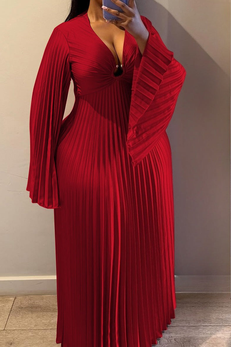 Plus Size V-Neck Pleated Flare Sleeve Maxi Dress