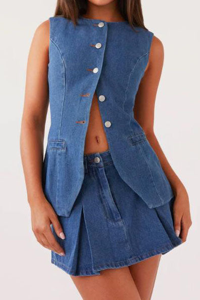 Denim Vest Skirt Sets