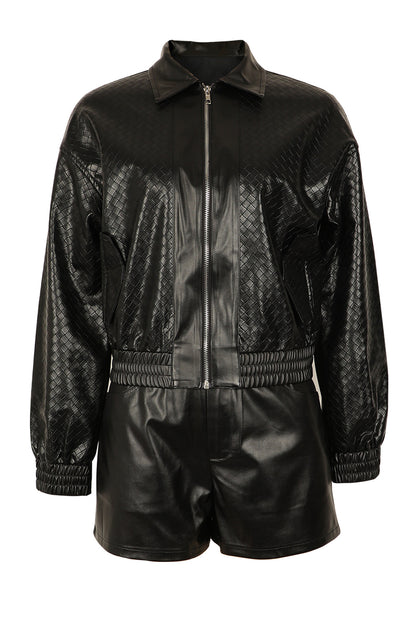 Woven Faux Leather Bomber Shorts Set