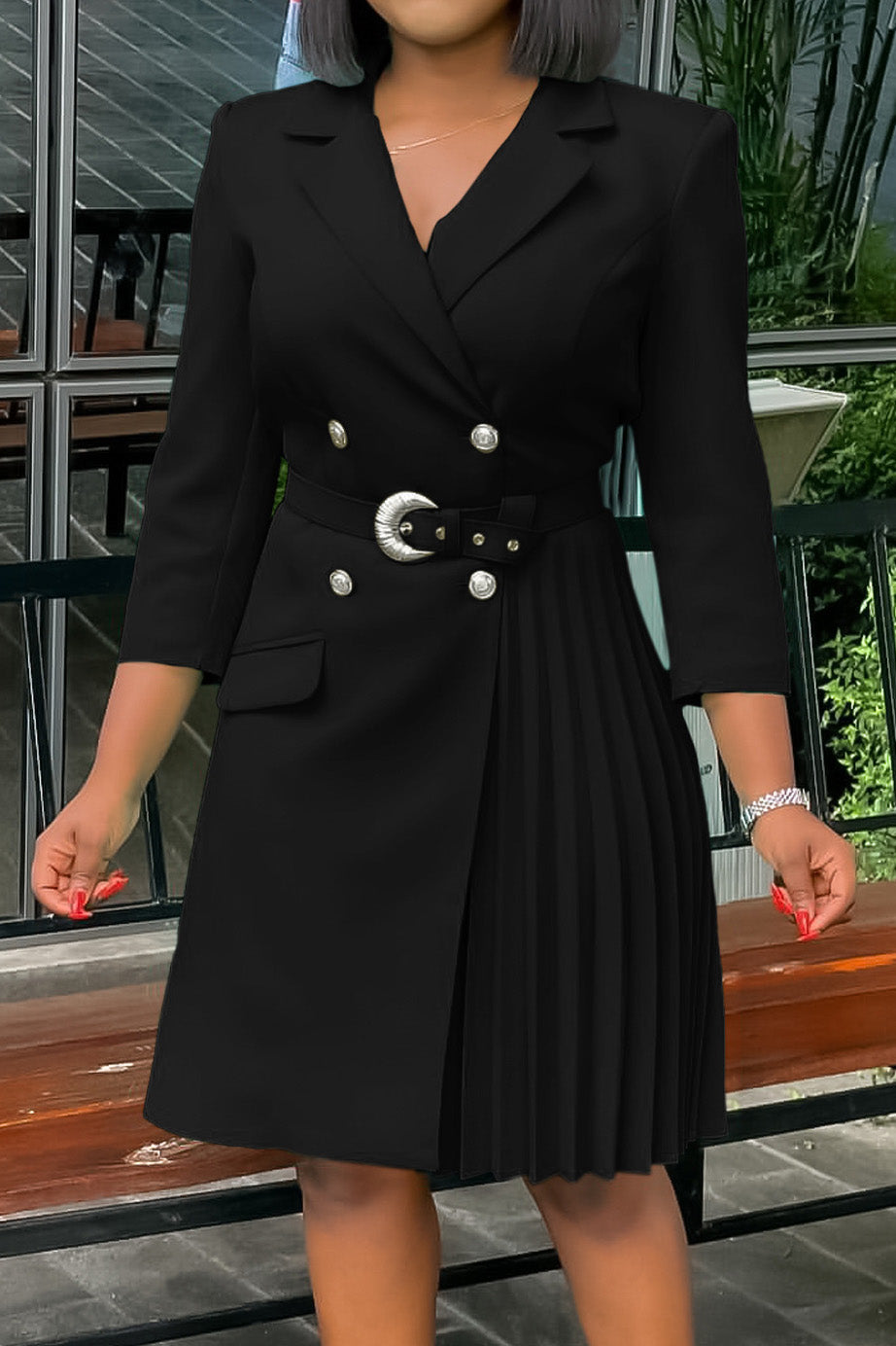 Pleated Patchwork Midi Blazer Dress