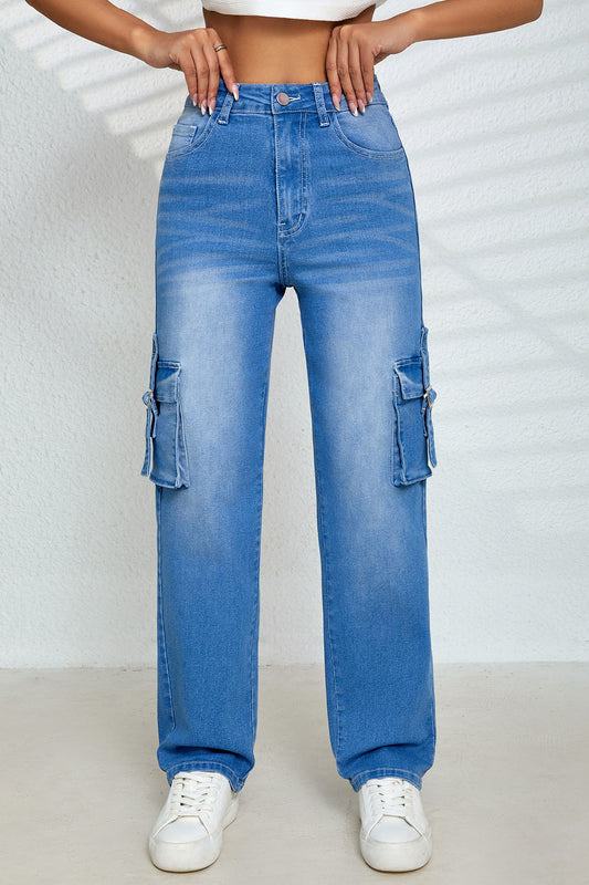 Multi-Pocket Stretch Straight Cargo Denim Pants