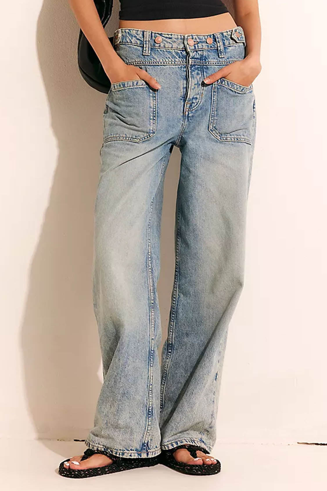Washed Wide Leg Cuffed Jeans