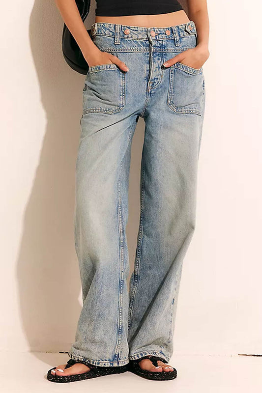 Washed Wide Leg Cuffed Jeans