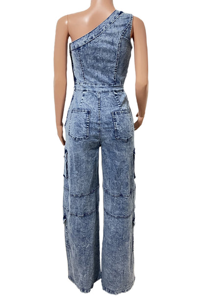 One Shoulder Stretch Denim Jumpsuit