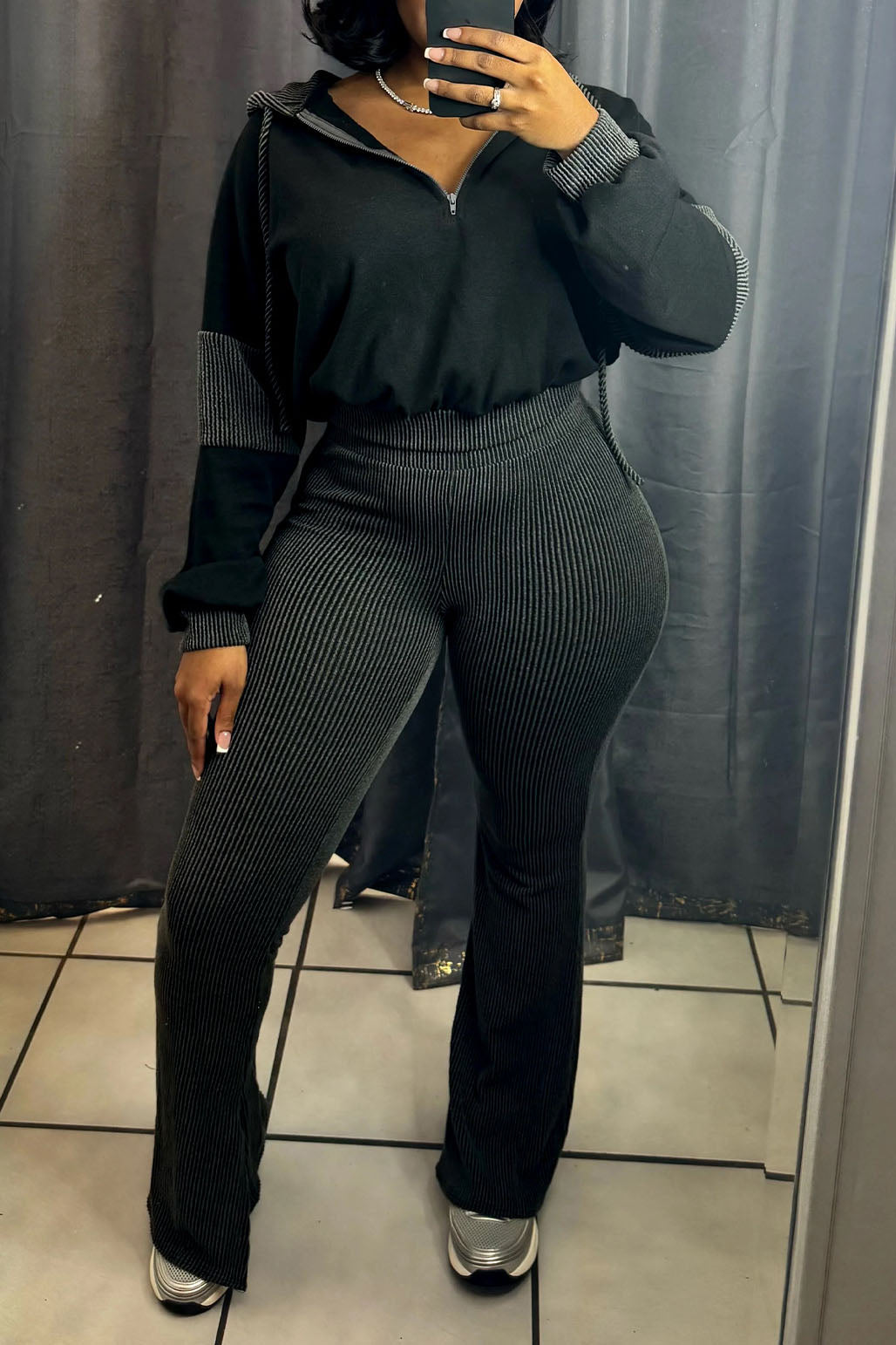 Textured Hooded Top & Flared Pants Set