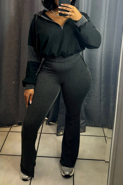 Textured Hooded Top & Flared Pants Set