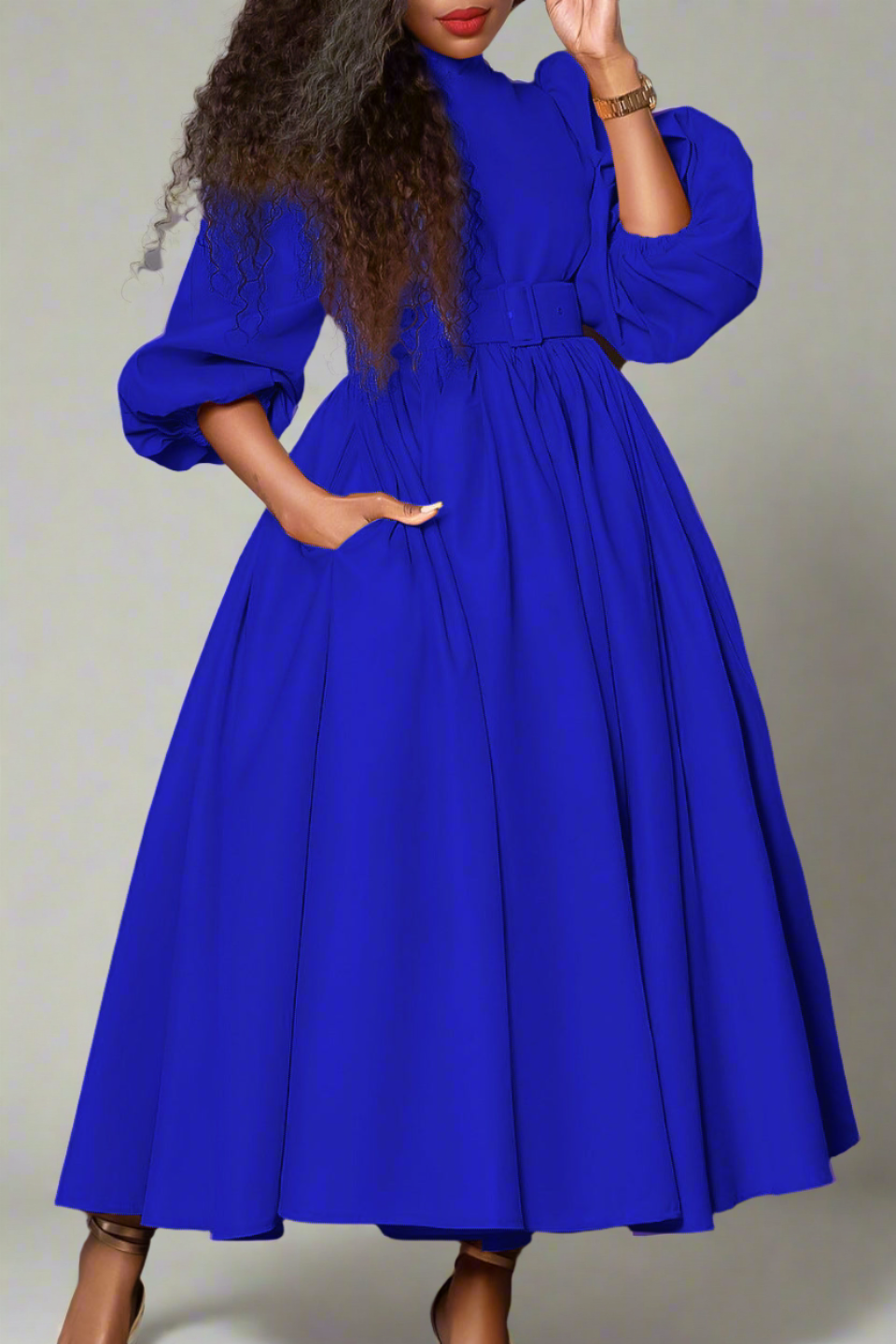 High Neck Puff Sleeve Evening Large Hem Dresses