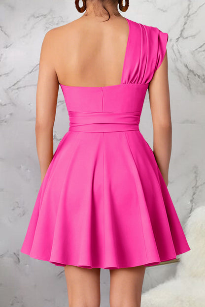 One-Shoulder Tie-Waist Pleated Mini Dress