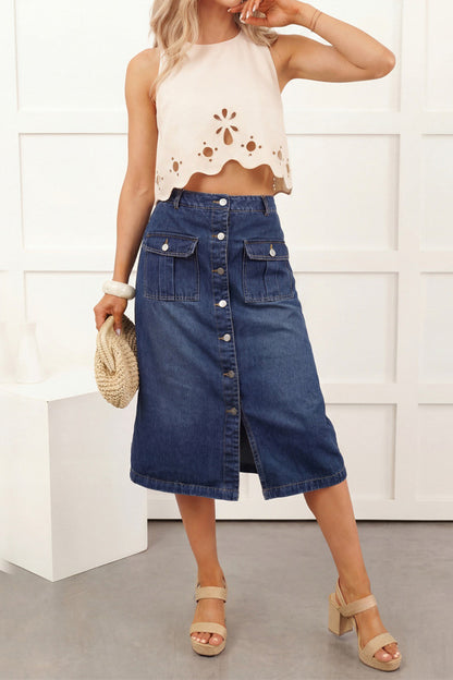 Button Front Cargo Denim Midi Skirt