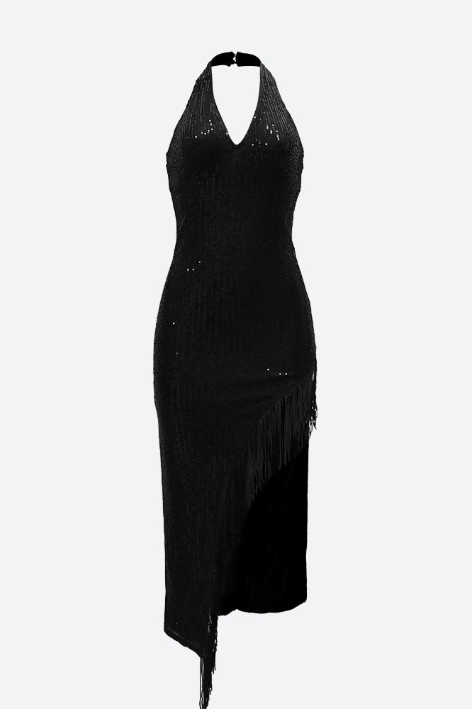 Halter Tassel Fringe Sequin Maxi Dress