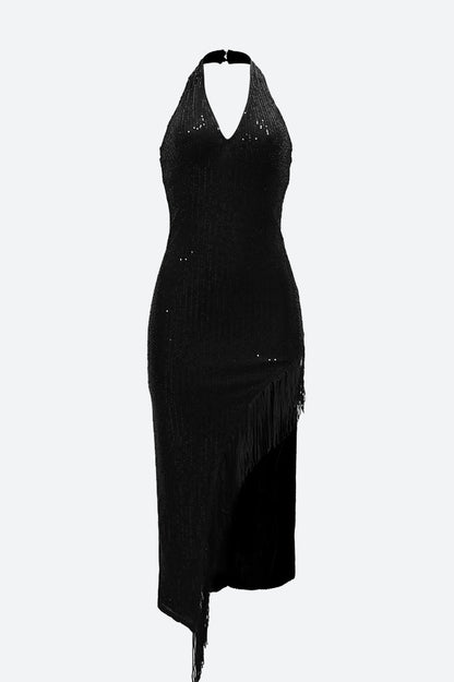 Halter Tassel Fringe Sequin Maxi Dress