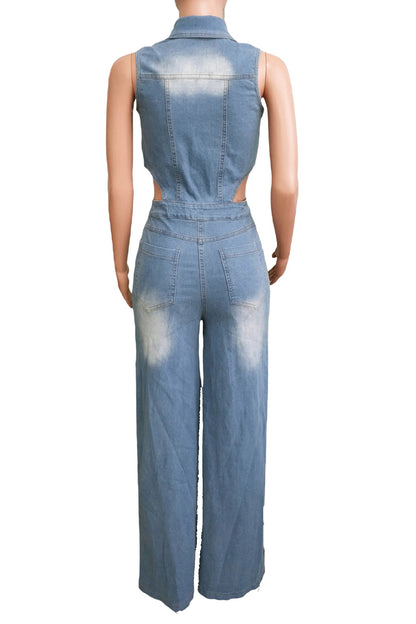 Sleeveless Cut Out Wide Leg Slit  Denim Jumpsuit