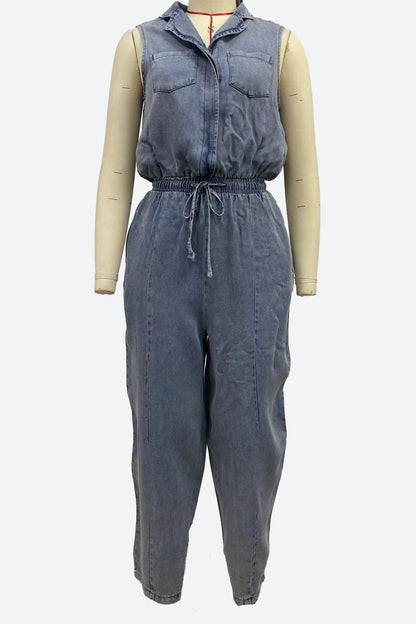 Sleeveless Drawstring Waist Washed Denim Jumpsuit