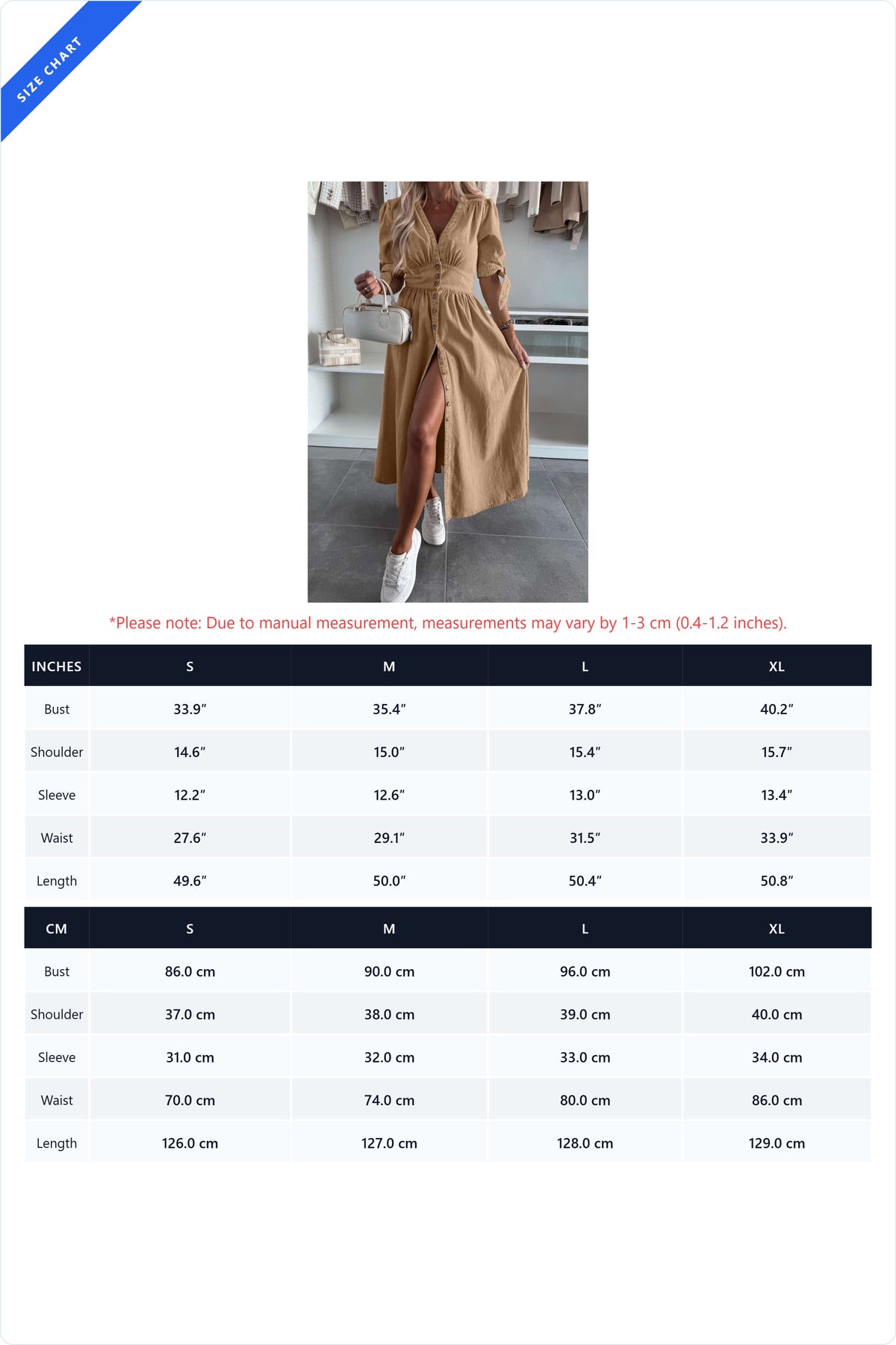 V-Neck Button-Front A-Line Denim Midi Dress