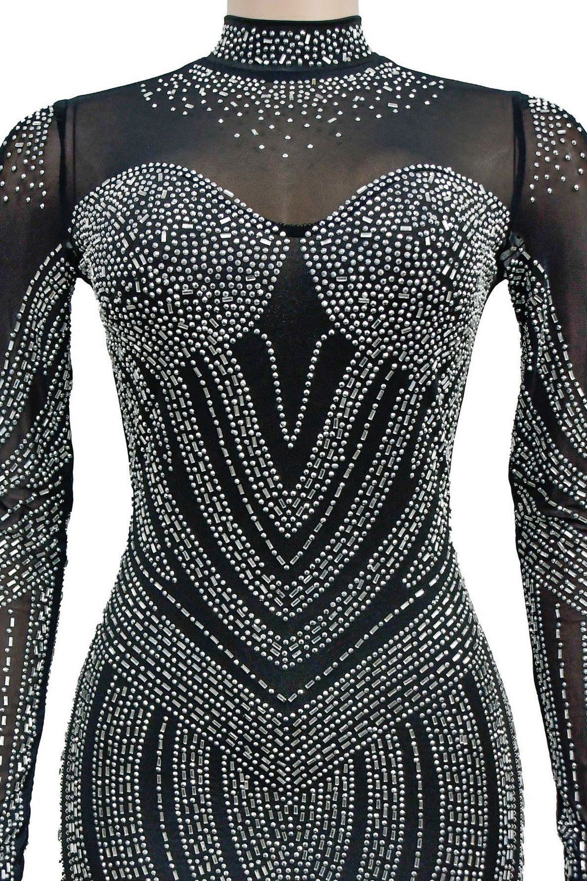 Rhinestone Embellished Sheer Mesh Mini Dress