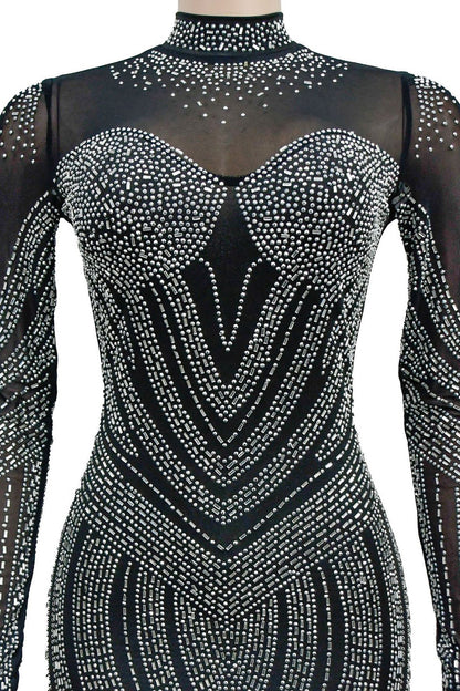 Rhinestone Embellished Sheer Mesh Mini Dress