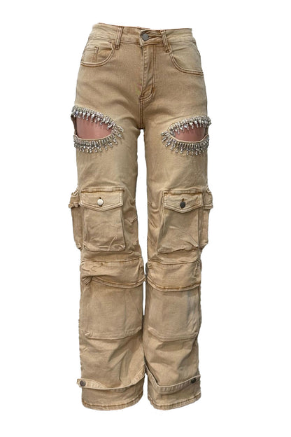 Rhinestone Cutout Wide Leg Cargo Pants