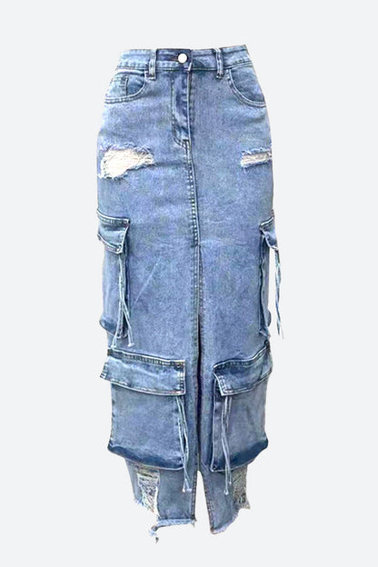 Slit Ripped Pocket Cargo Denim Skirt
