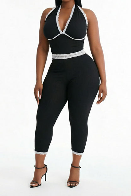 Lace Trim Ribbed Capri Set