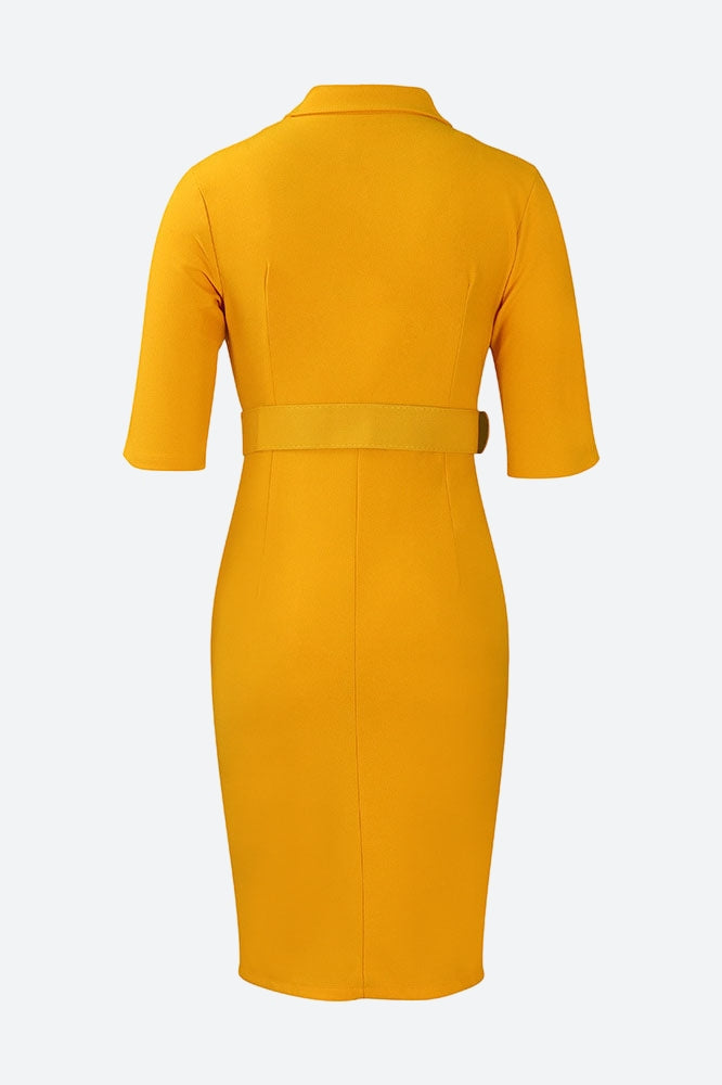Solid Color Button Lapel Tight Dress