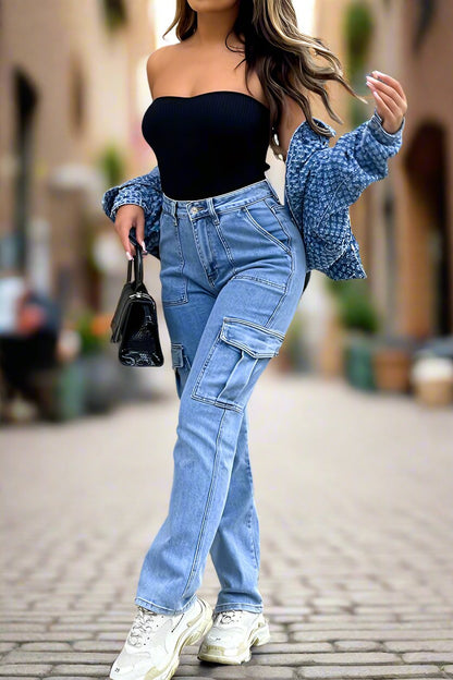 High Waist Flap Pocket Side Cargo Jeans